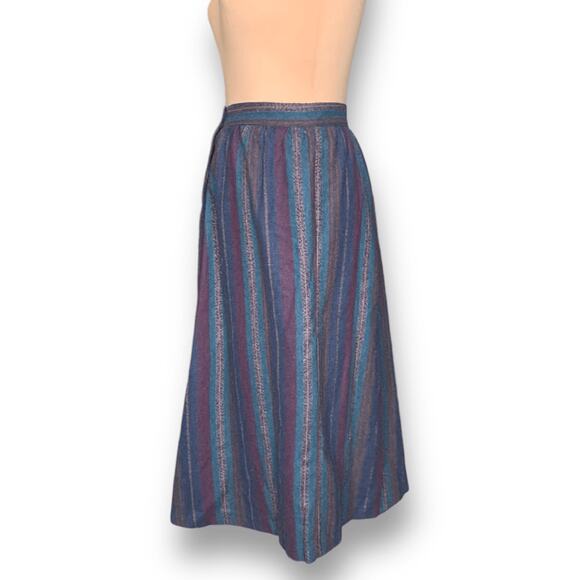 Vintage 70s Striped Blue Multicolor Midi Skirt Fashion Conspiracy Button Front - Picture 4 of 12